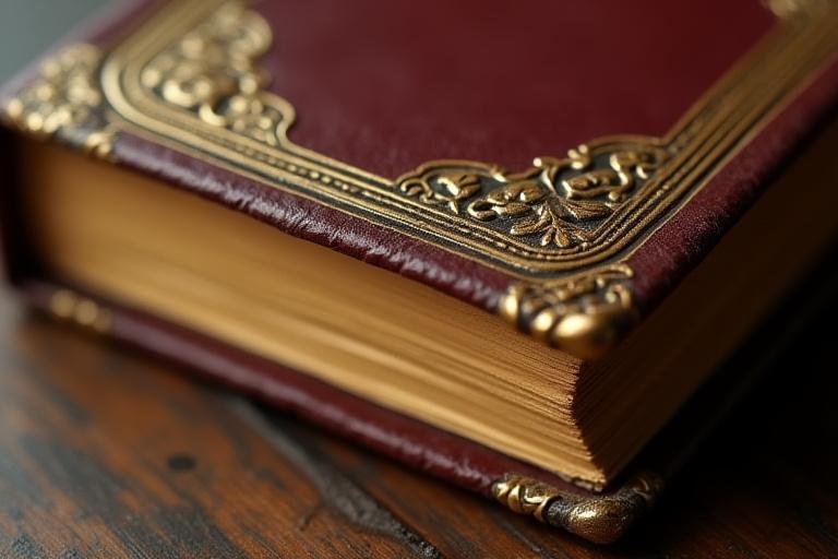 A close-up of an ornate leather-bound antiquarian book, showcasing intricate gold tooling and aged paper.